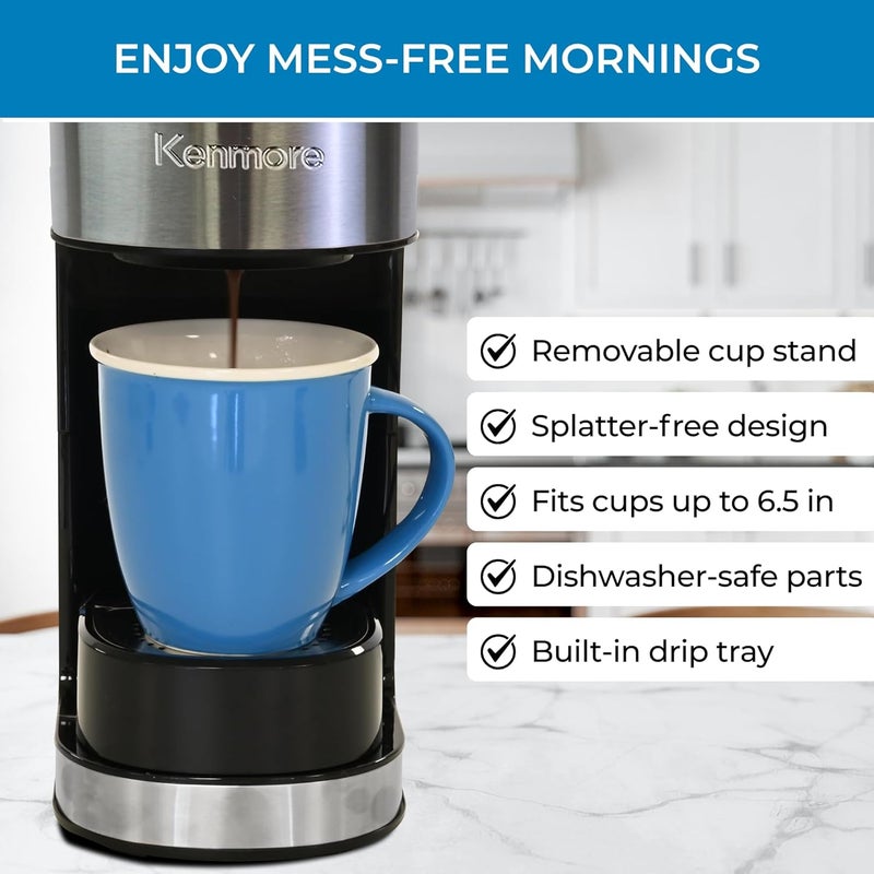 Koolatron Kenmore Single Serve Coffee Maker & Stainless Steel Travel Mug, Capsule/Pod & Ground Coffee Brewing, K Cup Compatible, Hot & Iced Coffee Machine, 6 to 14 Oz Brew Sizes, Auto Shut-Off, Black - Image 4